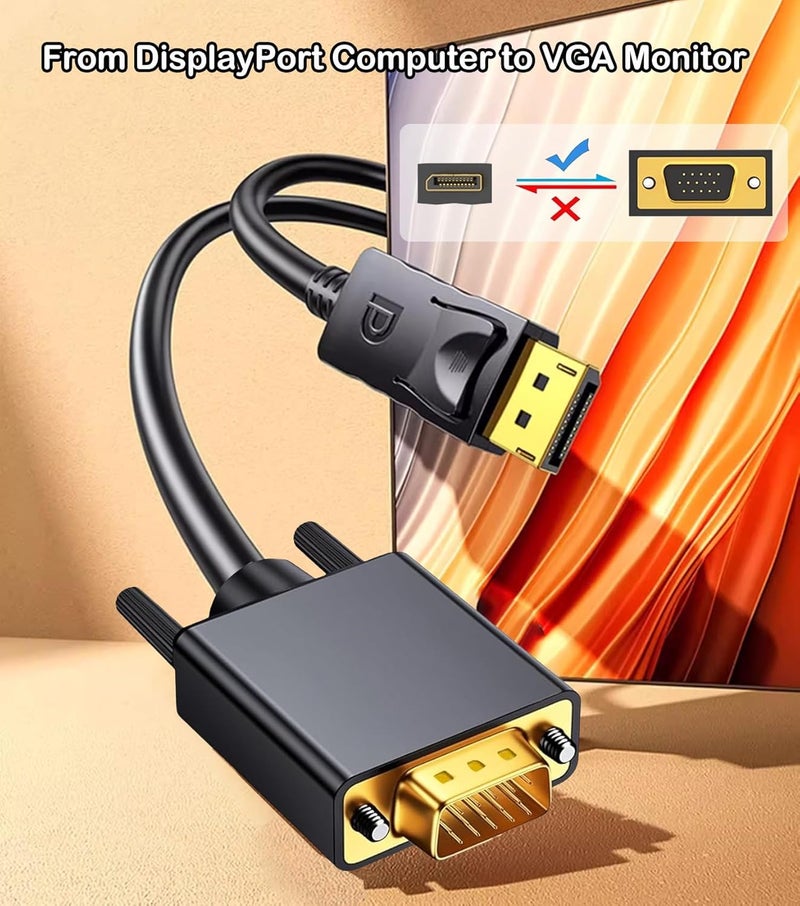 AKWOR كابل DisplayPort إلى VGA بطول 6 أقدام، محول Display Port DP إلى VGA، كابل فيديو 1080P@60Hz من اللابتوب/الكمبيوتر (DP) إلى الشاشة/البروجيكتور (VGA)، (غير ثنائي الاتجاه، غير متوافق مع HDMI أو USB) - Image 2